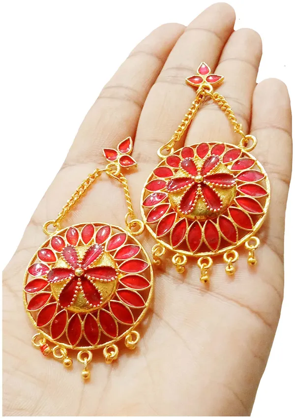 Assamese_Traditional_Copper_Gold_Plated_Red_Colour_Jhumka_Earring_For_Girls_&_Women